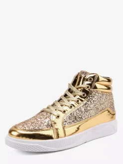 Gold Skate Sneakers Glitter Round Toe High Top Sneakers For Men