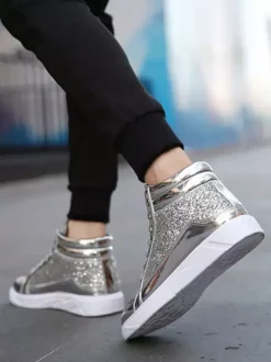 Gold Skate Sneakers Glitter Round Toe High Top Sneakers For Men