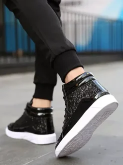 Gold Skate Sneakers Glitter Round Toe High Top Sneakers For Men