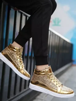 Gold Skate Sneakers Glitter Round Toe High Top Sneakers For Men