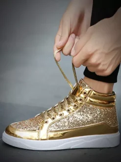 Gold Skate Sneakers Glitter Round Toe High Top Sneakers For Men