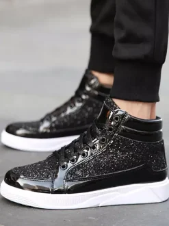 Gold Skate Sneakers Glitter Round Toe High Top Sneakers For Men