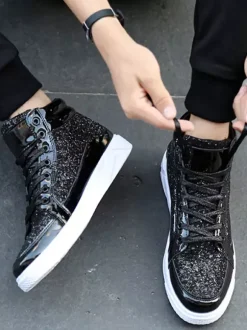 Gold Skate Sneakers Glitter Round Toe High Top Sneakers For Men