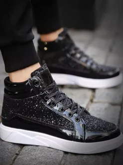 Gold Skate Sneakers Glitter Round Toe High Top Sneakers For Men