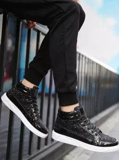 Gold Skate Sneakers Glitter Round Toe High Top Sneakers For Men