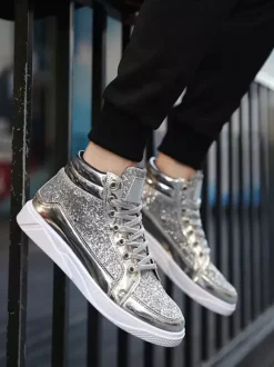 Gold Skate Sneakers Glitter Round Toe High Top Sneakers For Men