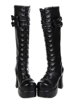 Gothic Black Lolita Chunky Heels Boots Platform Shoelace Bows