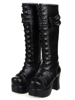 Gothic Black Lolita Chunky Heels Boots Platform Shoelace Bows