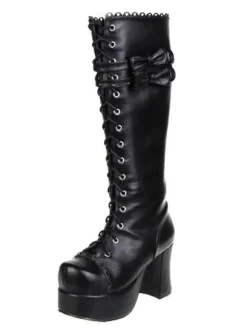 Gothic Black Lolita Chunky Heels Boots Platform Shoelace Bows