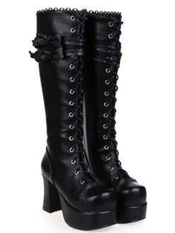 Gothic Black Lolita Chunky Heels Boots Platform Shoelace Bows
