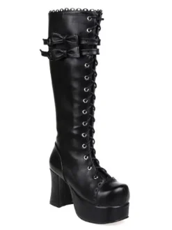 Gothic Black Lolita Chunky Heels Boots Platform Shoelace Bows