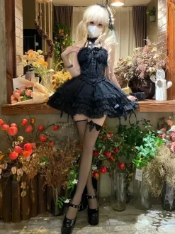 Gothic Black Lolita Dresses Multi Layers Ruffles Halter Gothic Dress