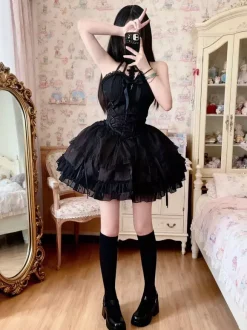 Gothic Black Lolita Dresses Multi Layers Ruffles Halter Gothic Dress