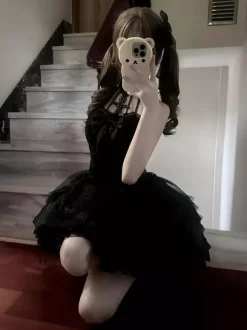 Gothic Black Lolita Dresses Multi Layers Ruffles Halter Gothic Dress