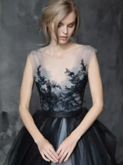 Gothic Black Wedding Dresses A-Line V-Neck Sleeveless Ball Gown Tulle Lace Bridal Gown Free Customization