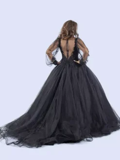 Gothic Black Wedding Dresses A-Line Long Sleeves Lace With Train Bridal Dress Free Customization