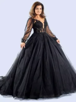 Gothic Black Wedding Dresses A-Line Long Sleeves Lace With Train Bridal Dress Free Customization