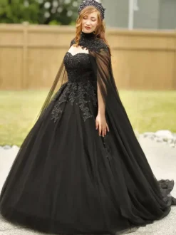 Gothic Black Wedding Dresses A-Line Sleeveless Backless Lace-Up With Train Bridal Dress Free Customization