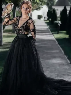 Gothic Black Wedding Dresses Tulle A-Line V-Neck Long Sleeves Backless Lace Royal Train Bridal Gown Free Customization