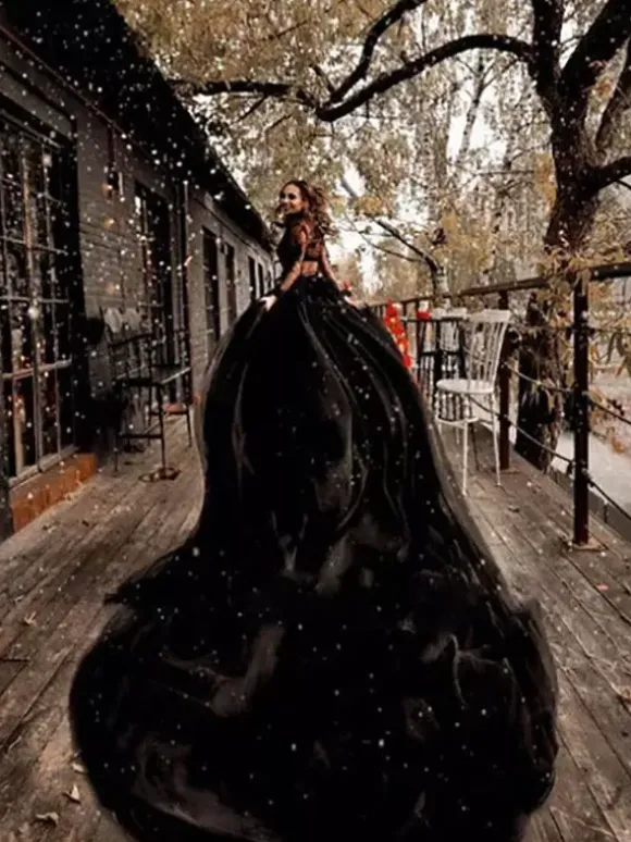 Gothic Black Wedding Dresses Tulle A-Line V-Neck Long Sleeves Backless Lace Royal Train Bridal Gown Free Customization