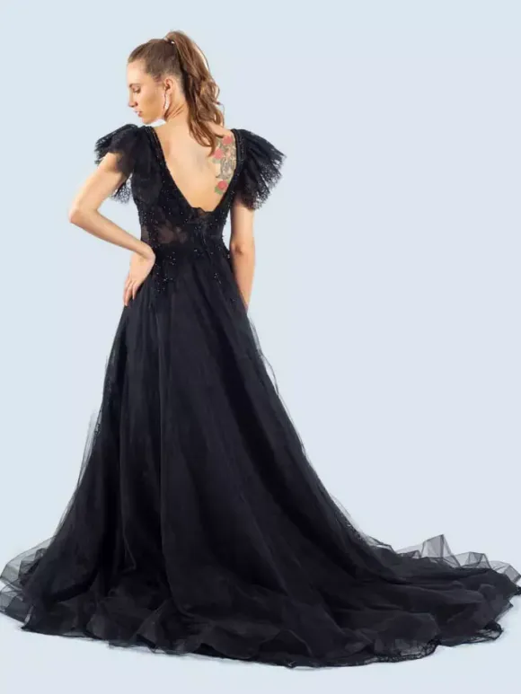 Gothic Black Wedding Dresses A-Line Short Sleeves Lace With Train Bridal Gown Free Customization