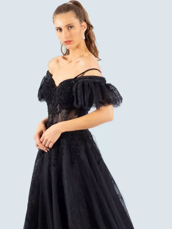 Gothic Black Wedding Dresses A-Line Short Sleeves Lace With Train Bridal Gown Free Customization
