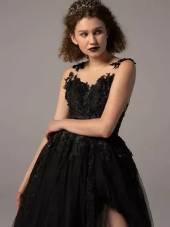 Gothic Black Wedding Dresses A-Line Sleeveless Lace Tulle Backless With Train Bridal Dress Free Customization