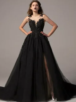Gothic Black Wedding Dresses A-Line Sleeveless Lace Tulle Backless With Train Bridal Dress Free Customization