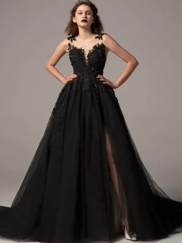 Gothic Black Wedding Dresses A-Line Sleeveless Lace Tulle Backless With Train Bridal Dress Free Customization