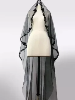Gothic Black Wedding Dresses A-Line Square Neckline Sleeveless Lace Tulle Velour Floor-Length Bridal Dress Free Customization