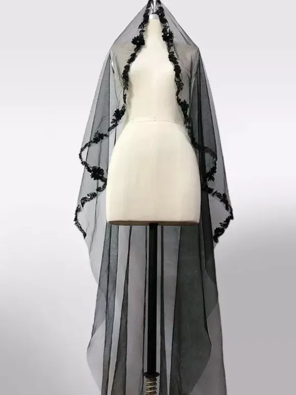 Gothic Black Wedding Dresses A-Line Square Neckline Sleeveless Lace Tulle Velour Floor-Length Bridal Dress Free Customization