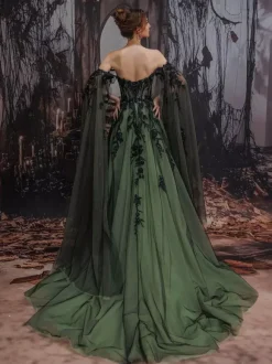 Gothic Black Wedding Dresses Lace A-Line Long Sleeves Natural Waist Tiered With Train Bridal Dress