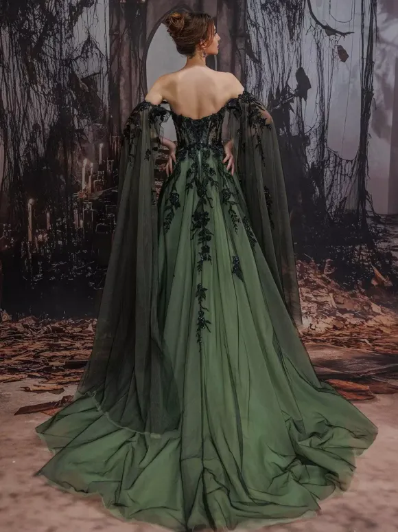 Gothic Black Wedding Dresses Lace A-Line Long Sleeves Natural Waist Tiered With Train Bridal Dress