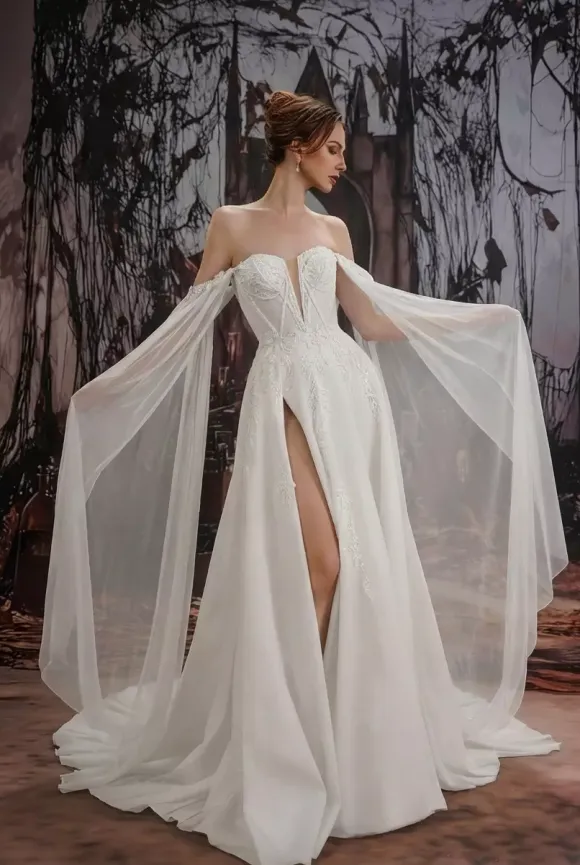 Gothic Black Wedding Dresses Lace A-Line Long Sleeves Natural Waist Tiered With Train Bridal Dress