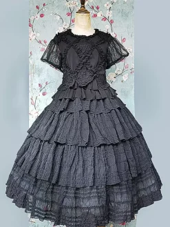 Gothic Lolita Blouses Lolita Top Infanta Lace Pleated Short Sleeves Black Lolita Shirt