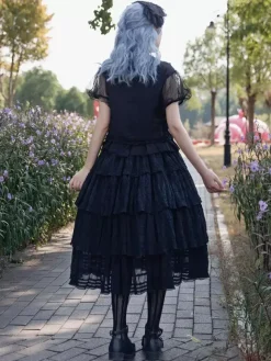 Gothic Lolita Blouses Lolita Top Infanta Lace Pleated Short Sleeves Black Lolita Shirt