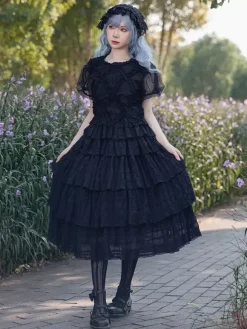 Gothic Lolita Blouses Lolita Top Infanta Lace Pleated Short Sleeves Black Lolita Shirt