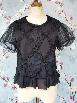Gothic Lolita Blouses Lolita Top Infanta Lace Pleated Short Sleeves Black Lolita Shirt