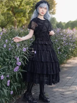Gothic Lolita Blouses Lolita Top Infanta Lace Pleated Short Sleeves Black Lolita Shirt
