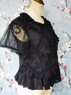 Gothic Lolita Blouses Lolita Top Infanta Lace Pleated Short Sleeves Black Lolita Shirt