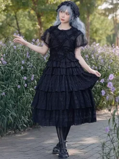 Gothic Lolita Blouses Lolita Top Infanta Lace Pleated Short Sleeves Black Lolita Shirt
