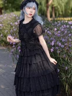 Gothic Lolita Blouses Lolita Top Infanta Lace Pleated Short Sleeves Black Lolita Shirt