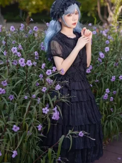 Gothic Lolita Blouses Lolita Top Infanta Lace Pleated Short Sleeves Black Lolita Shirt