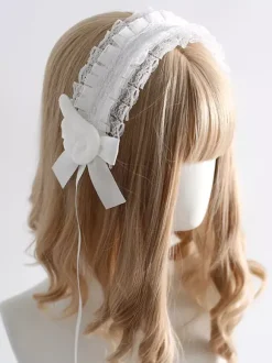 Gothic Lolita Accessories Ecru White Ruffles Bows Lace Headwear Headdress