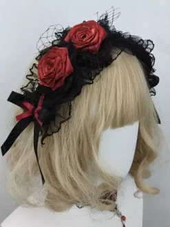 Gothic Lolita Accessories Burgundy Ruffles Roses Color Block Headwear Miscellaneous