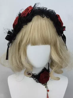 Gothic Lolita Accessories Burgundy Ruffles Roses Color Block Headwear Miscellaneous