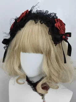 Gothic Lolita Accessories Burgundy Ruffles Roses Color Block Headwear Miscellaneous