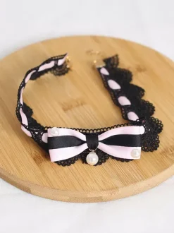 Gothic Lolita Accessories Black Ruffles Pearls Color Block Lace Choker