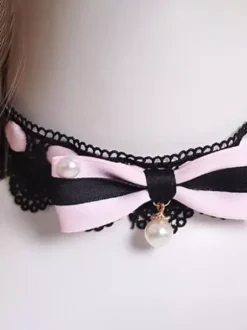 Gothic Lolita Accessories Black Ruffles Pearls Color Block Lace Choker