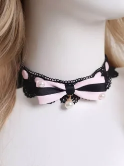 Gothic Lolita Accessories Black Ruffles Pearls Color Block Lace Choker